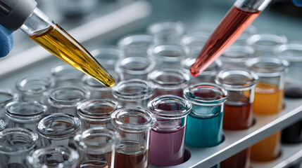 Colorful laboratory vials with pipettes adding liquid, clinical experiment scene showing careful handling and focused mood