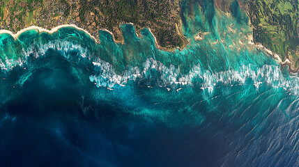 Aerial View of Turquoise Ocean Waves Crashing on Lush Tropical Coastline ,  A stunning high-angle drone shot capturing the dramatic contrast between deep blue ocean water and the shallow, turquoise re