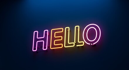 Neon hello sign illuminated on dark background for graphic designs