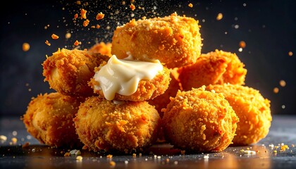 Golden fried chicken nuggets with sauce on a black surface, studio shot