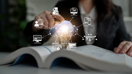 Fototapeta premium Cloud computing, cloud strategy, and cloud technology transforming digital infrastructure with scalable services, secure data storage, and cloud-based digital business solutions. Spline