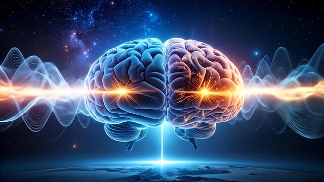 Glowing brain with energy waves against cosmic backdrop