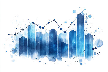 Blue Watercolor Business Chart , A beautiful, artistic take on business and finance. This graphic features blue watercolor bar charts and a line graph with subtle paint splatters, giving it a soft, cr