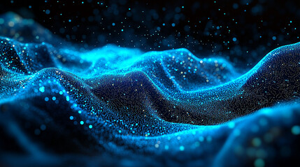 Bioluminescent Particle Waves , A stunning abstract wallpaper showcasing a dark, undulating landscape made of glowing, blue and turquoise particles.