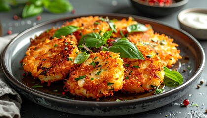 Golden-brown fried potato cakes with fresh basil served on a rustic plate