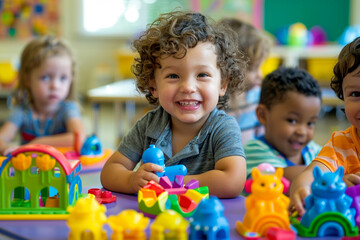 Children actively participate in interactive play sessions with a variety of educational toys and games at a dynamic and engaging learning center, fostering creativity, critical thinking, and social s