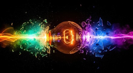 A light bulb breaking with colorful shards and energy streams on a black background in a digital art style