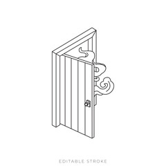 Haunted Wooden Door Isometric Vector Outline Spooky Entrance Icon
