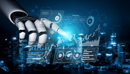 AI analyzing sales data dashboard, visualizing performance metrics, detecting trends, and generating insights to improve financial outcomes and strategic planning. Vouch