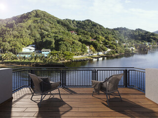 View from the balcony to the sea and mountain.Landscape. Sunny Day. Terrace with a cozy chairs and a beautiful view. Background with beautiful landscape. City near the sea.