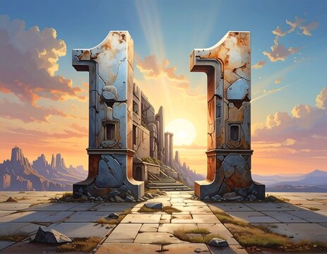 Ruined pillars, sunset, numbers