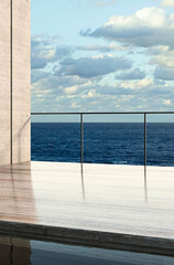 ew from the balcony to the sea.Landscape. Sunny Day. Terrace with a beautiful view. Background with beautiful landscape. City near the sea.	