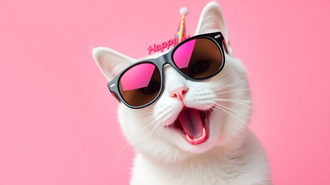 Funny white cat celebrating with happy birthday sunglasses on a pink background