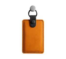 Orange leather card holder with black strap isolated on transparent background, a stylish accessory for organizing and protecting cards