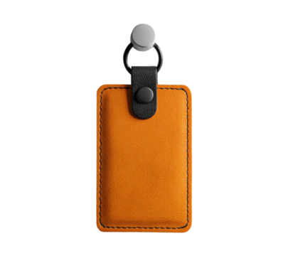 Orange leather card holder with black strap isolated on transparent background, a stylish accessory for organizing and protecting cards