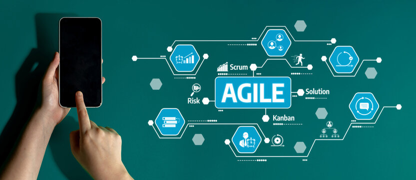 This image showcases an innovative approach to agile project management, featuring visual elements related to Scrum, Kanban, and risk management on a green background. Tessel