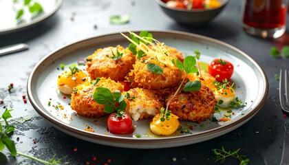 Gourmet fried food with garnish, colorful presentation, close-up on a dark table