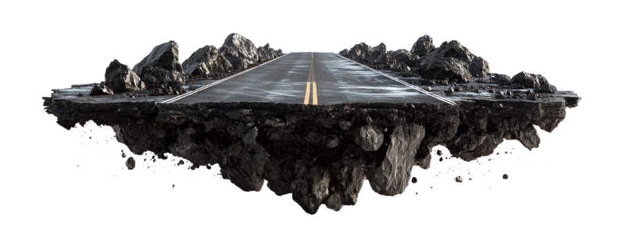 A section of asphalt road with rocks floating in the air isolated on transparent background, symbolizing infrastructure