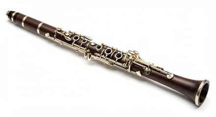 Naklejka premium Acoustic Clarinet Musical Instrument with Silver Keys on White Background.