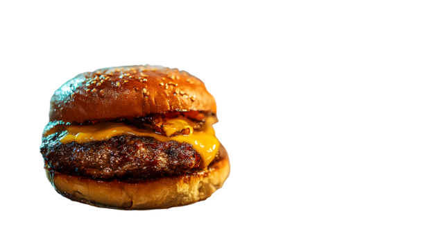 Juicy gourmet cheeseburger with golden sesame bun and perfectly melted cheddar cheese, sparking instant cravings for delicious fast food.
