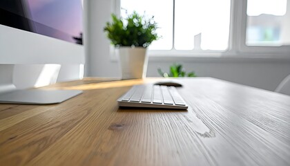 Serene and Sunlit Minimalist Workspace on a Natural Wood Desk