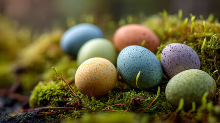 Pastel Easter Eggs on Mossy Ground, Vibrant Spring Eggs Nature Background, Colorful Eggs for Easter Celebration