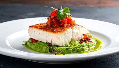 Gourmet Seafood Dish with Vibrant Pea Puree and Fresh Tomato Salsa on White Plate