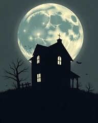 Haunting Full Moon Over an Abandoned House