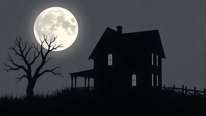 Haunting Full Moon Over an Abandoned House
