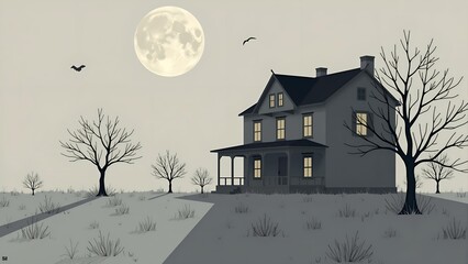 Haunting Full Moon Over an Abandoned House