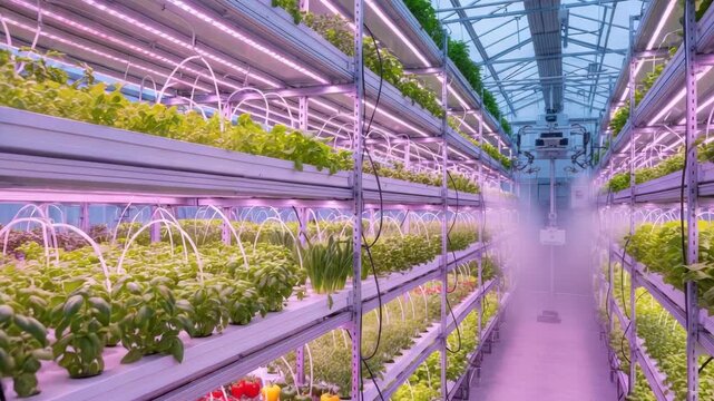 sprawling vertical farm showcases multi-tiered racks of thriving greens basil bell peppers and tomatoes bathed in purple LED grow lights An automated misting system humidifies the central aisle