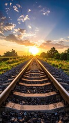 Fototapeta premium Railroad Tracks Stretching to a Distant Horizon with Vibrant Sunset Hues and Lush Greenery on a Sunny Day Scenic Perspective