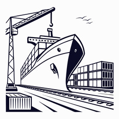 Cargo ship being loaded with containers by a large crane at a busy port with seagulls flying above