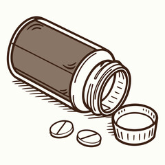 Illustration of an open brown pill bottle lying on its side with two white pills and the cap next to it