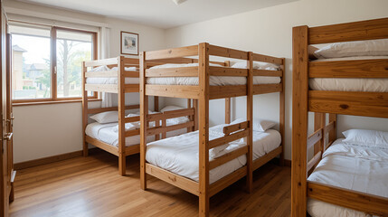 Fototapeta premium A dormitory room with wooden bunk beds and white bedding. The room has a wooden floor and a window with a view of the outdoors.