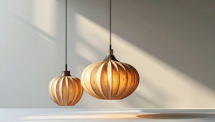 Two hanging light fixtures, light beige/brown wood, subtle shadows
