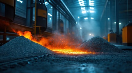 Molten Lava Flowing Between Mounds in Industrial Steel Factory Setup