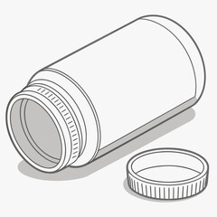 Simple line drawing illustration of an open empty white cylindrical container with its cap lying beside it