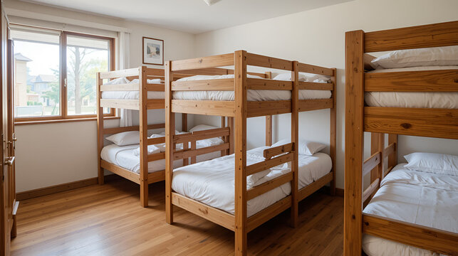 A dormitory room with wooden bunk beds and white bedding. The room has a wooden floor and a window with a view of the outdoors.