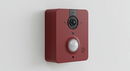 Obraz premium Modern Red Security Camera with Motion Sensor Mounted on a White Wall.