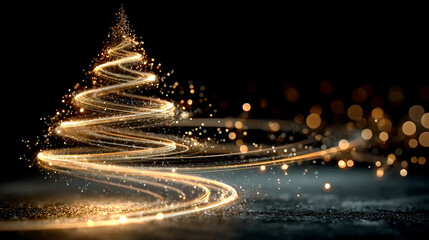 Magical Golden Sparkle Christmas Tree, Abstract Holiday Tree with Glowing Lights, Modern Christmas Tree Made of Light