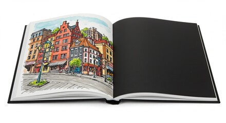 Open sketchbook displaying a vibrant watercolor painting of a European street scene with colorful buildings.