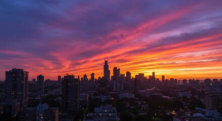 Fototapeta premium Cityscape silhouette at sunset dramatic sky and urban skyline