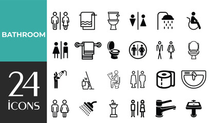 Toilet and Restroom set of web icons in line style. WC signs including man, woman, shower, baby care, handicap symbol, no smoking, no trash. Editable stroke. Vector illustration
