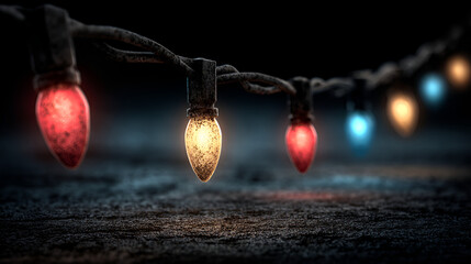 Cozy Outdoor Christmas String Lights, Festive Colored Holiday Bulbs on a Dark Night, Vintage String Lights for Holiday Decor
