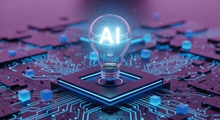A glowing lightbulb with ai inside sitting on a circuit board with blue cubes and purple background