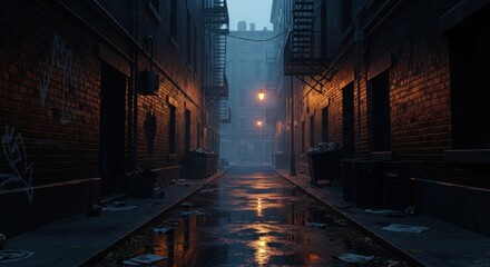 Moody urban alleyway at night, illuminated by warm streetlights reflecting in wet puddles, featuring brick buildings, fire escapes, and atmospheric mist.