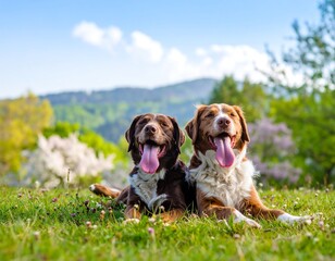 Two happy dogs in a grassy field, sunny day