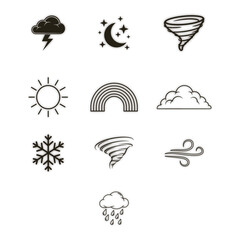 Weather forecast icon collection featuring sun, rain, clouds, wind, and storm