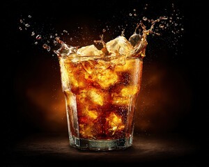 Sparkling Glass of Dark Drink with Ice Cubes